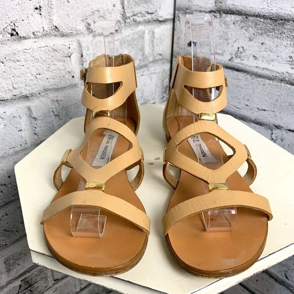 Steve Madden Comma Strappy Flat Tan Leather Sandals - Picture 1 of 9